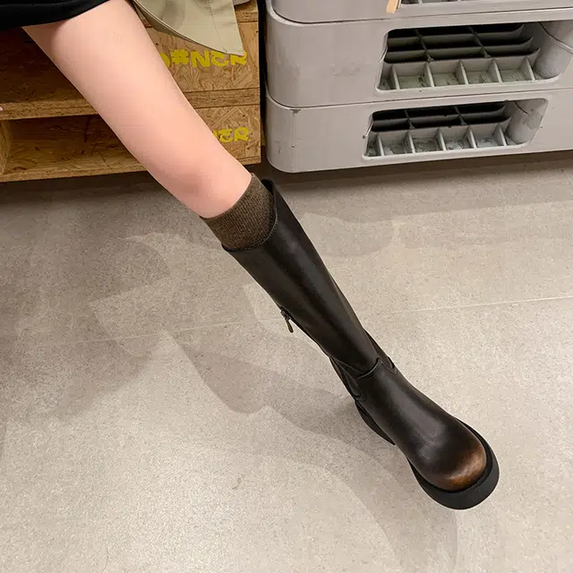 牛皮革 潮流纯色圆头百搭复古擦色质感气质时尚 高筒靴 女款