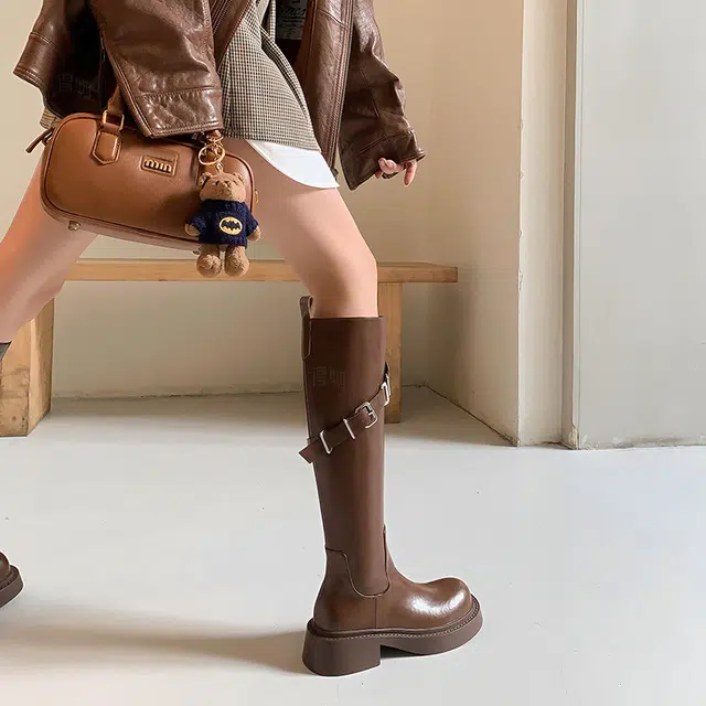 牛皮革 经典圆头设计复古时尚纯色简约 高筒靴 女款