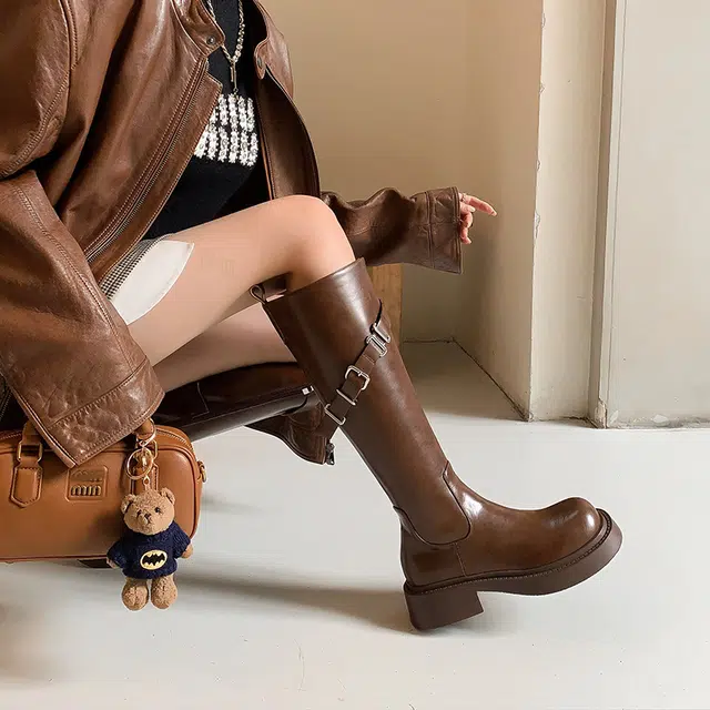 牛皮革 经典圆头设计复古时尚纯色简约 高筒靴 女款