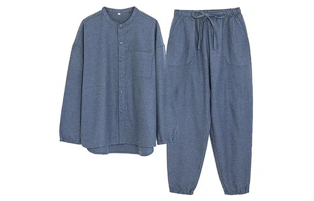 怡吾色 纯棉睡衣 长袖家居服套装 春秋季 简约纯色中式圆领休闲两件套 情侣款