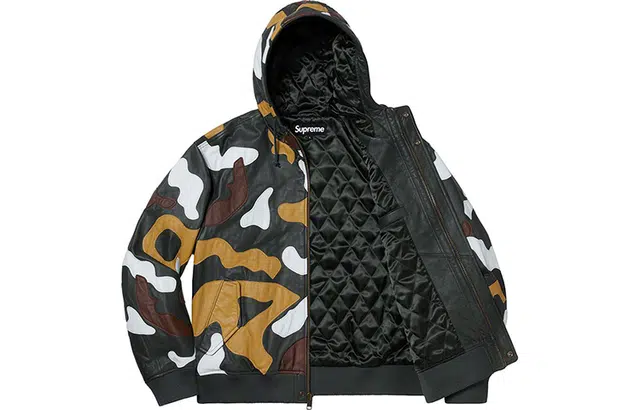 Supreme FW19 Week 12 Camo Leather Hooded Jacket Green Camo