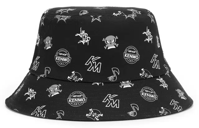 肯默 双面渔夫帽 潮流满印刺绣盆帽 防晒遮阳帽子 男女同款 黑色