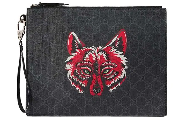 Gucci Wolf Print Canvas Clutch