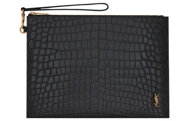 Saint Laurent YSL Crocodile Embossed Leather Clutch Black