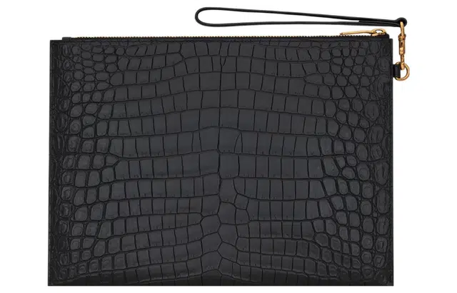 Saint Laurent YSL Crocodile Embossed Leather Clutch Black