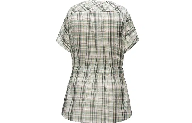 艾莱依 收腰休闲格纹短袖衬衫 女款 米底绿格
