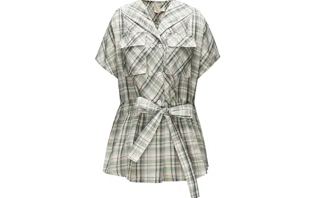 艾莱依 收腰休闲格纹短袖衬衫 女款 米底绿格