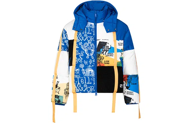 13 DEMARZO x MARK WIGAN Graffiti Ribbon Hooded Down Jacket Blue White