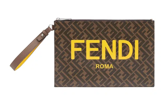 Fendi Large Logo Flat Leather Clutch Brown