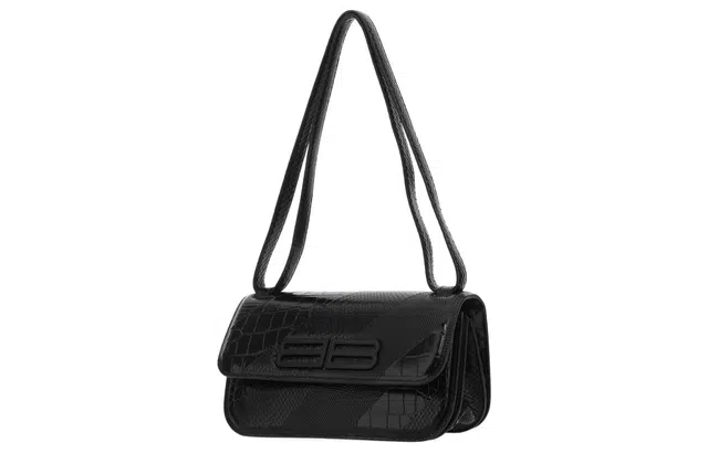 Balenciaga BB Croc Embossed Shoulder Bag Black