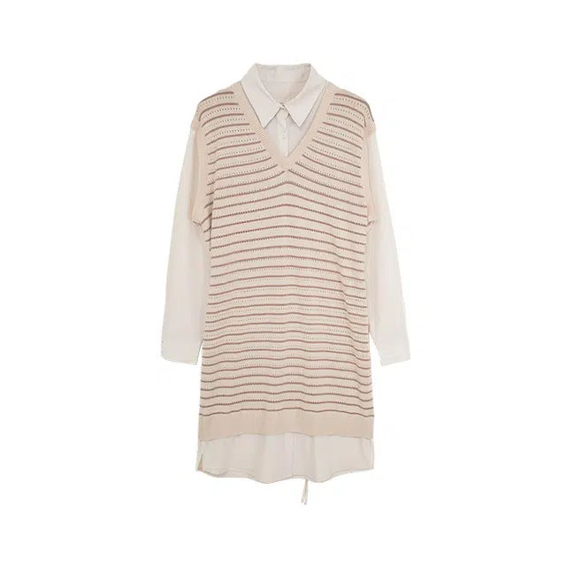 小镇姗姗 南瓜奶酪 条纹衬衫式长袖连衣裙