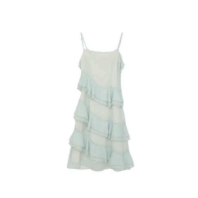 小镇姗姗 拼色层次荷叶边吊带吊带裙短款连衣裙女夏 茶香淡绿