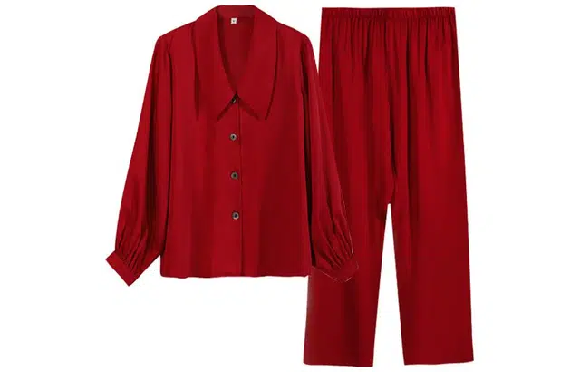 怡吾色 本命年 天丝尖领蓬蓬袖家居服套装 长袖长裤 睡衣女款 红色  送妈妈