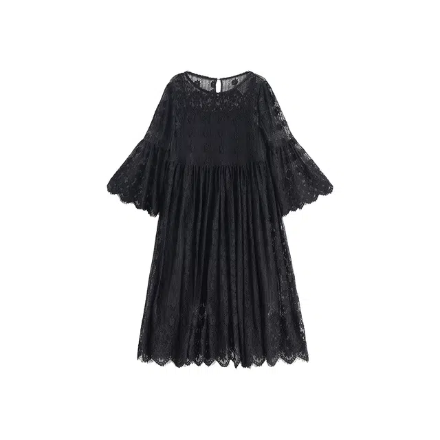 小镇姗姗 法式纯色圆领蕾丝喇叭长袖连衣裙