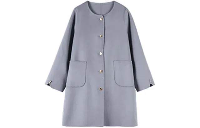 小镇姗姗 纯色单排扣中长款大衣 女款 灰水蓝