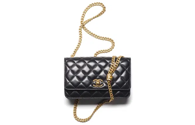 Chanel Small Gold Ball Quilted Lambskin Chain Wallet Black