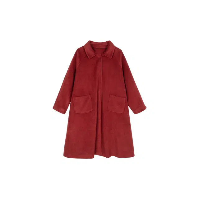小镇姗姗 纯色纽扣口袋中长款长袖红色大衣 女款
