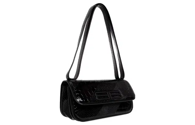 Balenciaga BB Croc Embossed Shoulder Bag Black