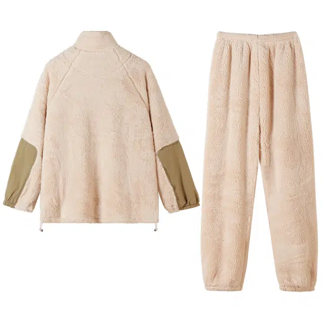 可人儿 珊瑚绒睡衣家居服套装 秋冬季 保暖加绒加厚 运动拉链款 女款 米白色