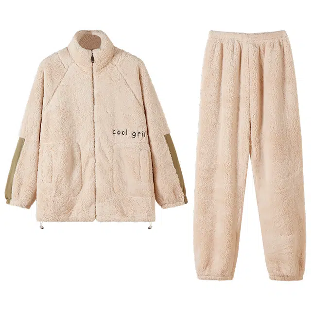 可人儿 珊瑚绒睡衣家居服套装 秋冬季 保暖加绒加厚 运动拉链款 女款 米白色