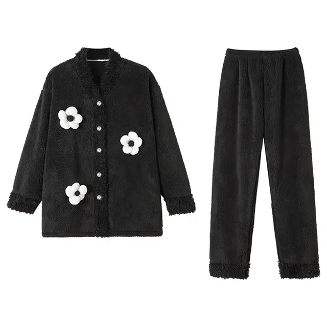 可人儿 珊瑚绒保暖睡衣 太阳花韩系家居服套装 秋冬季 加绒加厚 女款 黑色