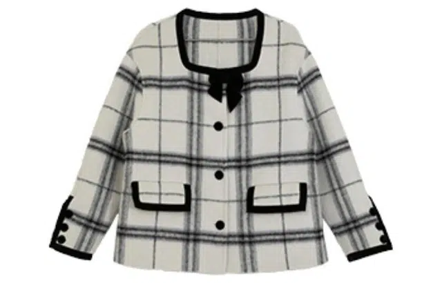 小镇姗姗 格纹方领双面呢大衣 女款 灰格子