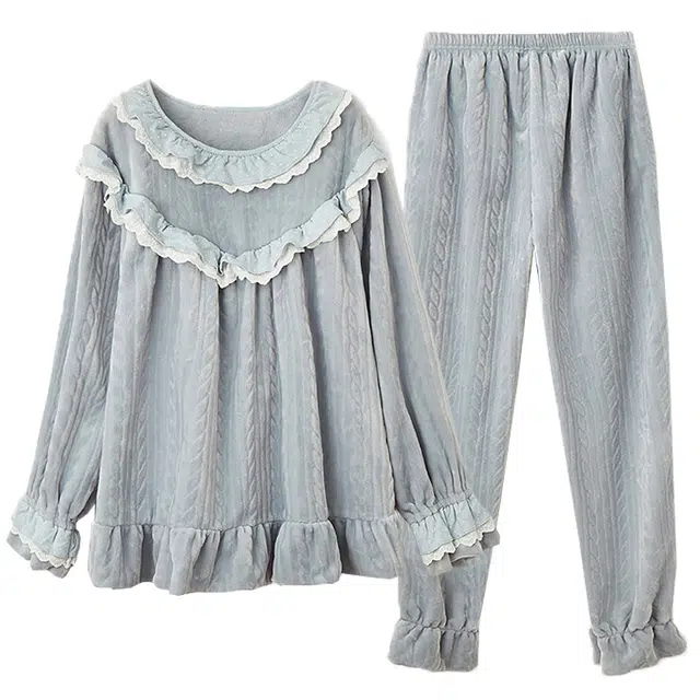 芬腾 冬季珊瑚绒睡衣甜美公主风加厚保暖长袖家居服套装 女士 灰兰