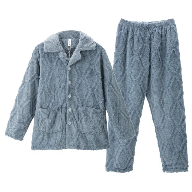 芬腾 睡衣珊瑚绒秋冬季法兰绒加厚长袖可外穿休闲大码家居服套装 男士 灰兰