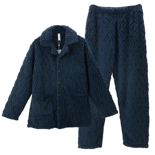 芬腾 珊瑚绒睡衣长袖简约纯色冬季加绒加厚新款可外穿保暖家居服套装 男士 宝兰