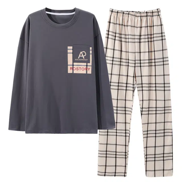 棉基因 纯棉长袖长裤睡衣男家居服套装 简约圆领睡衣 男款