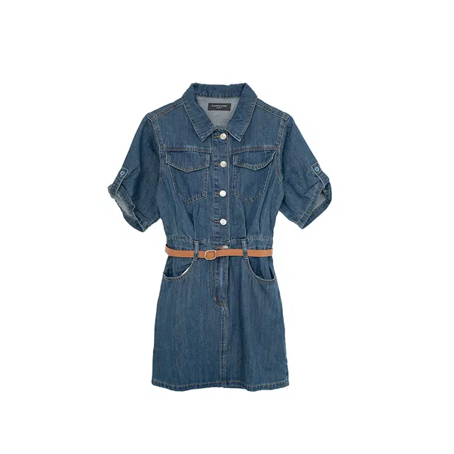 小镇姗姗 水洗做旧牛仔短袖连衣裙 含礼盒装 深蓝色