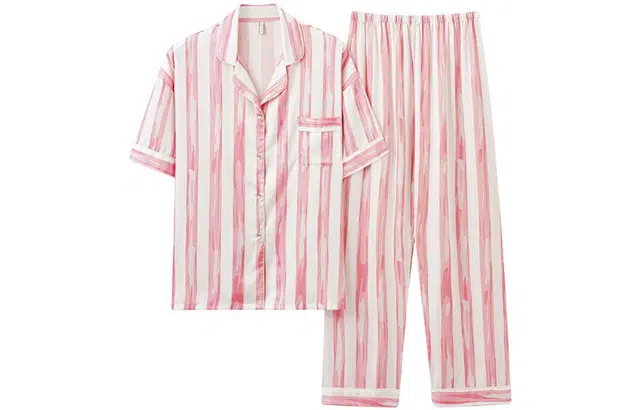 怡吾色 春夏油画条纹冰丝薄款长袖家居服套装 简约可外穿短袖睡衣女  送妈妈