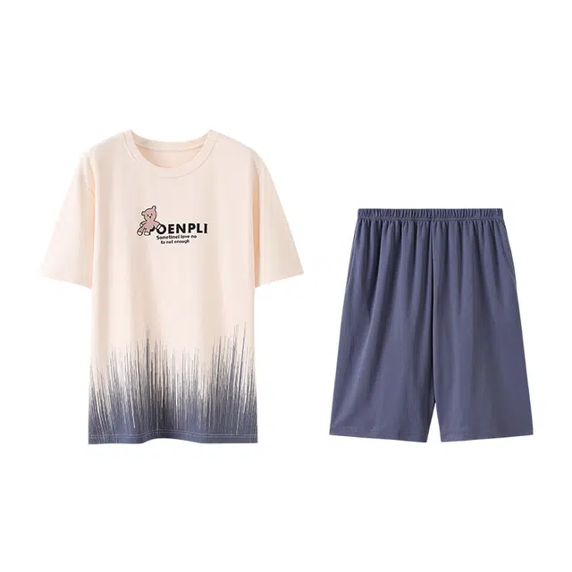 可人儿 纯棉短袖短裤睡衣休闲小熊宽松可外穿家居服套装 春夏季 男款 杏色