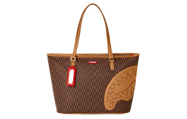 SPRAYGROUND Checkerboard Shark Mouth PVC Tote Bag Brown