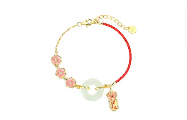 周百福珠宝 桃花平安扣手链 平安扣新中式轻奢拼接桃花招财手链女