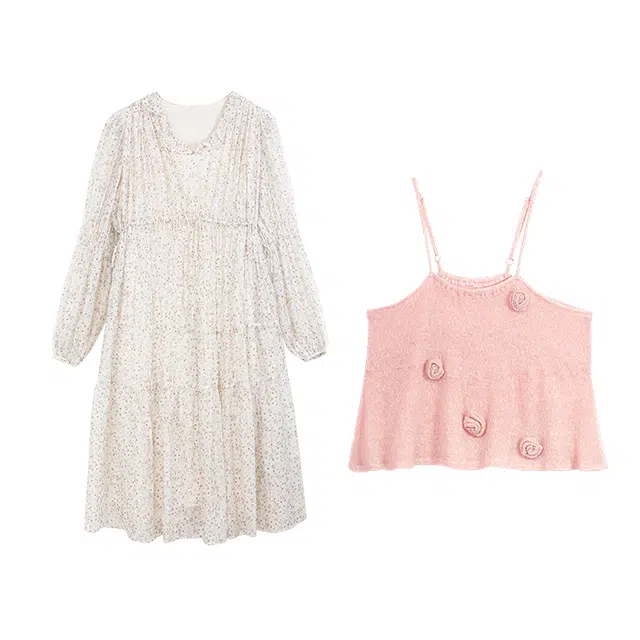 小镇姗姗 花与爱丽丝 针织吊带背心碎花长袖连衣裙分体套装