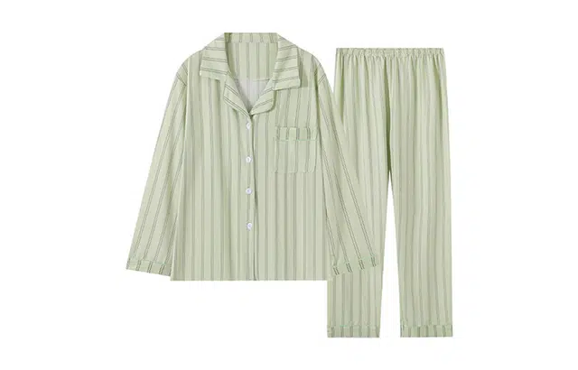 橡柠派 经典条纹纯色长袖睡衣简约高级感春秋款华夫格可外穿家居服两件套 女款 绿色