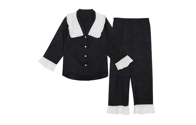 橡柠派 高级感提花冰丝长袖睡衣春秋可爱甜美娃娃领夏天可外穿家居服套装 女款 黑色