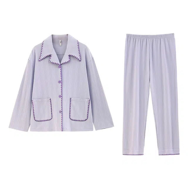 可人儿 纯棉长袖睡衣纯色简约宽松可外穿家居服套装 春秋季 女款 浅紫色