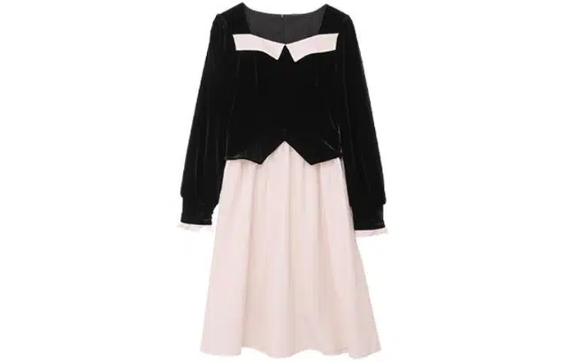 小镇姗姗 撞色休闲假两件长袖连衣裙