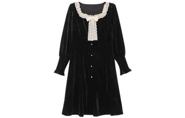 小镇姗姗 纯色丝绒蝴蝶结点缀长袖连衣裙 黛黑色