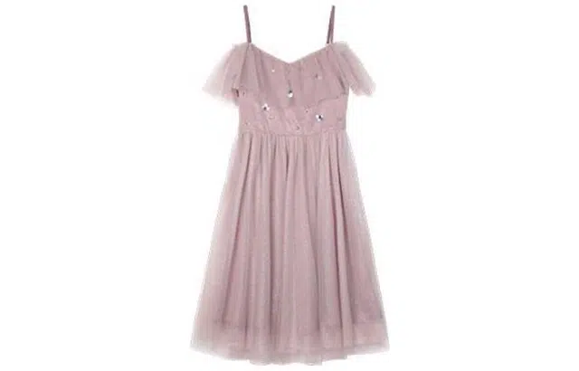 小镇姗姗 吊带裙亮片纱网纯色合身薄款收腰吊带连衣裙 樱花粉