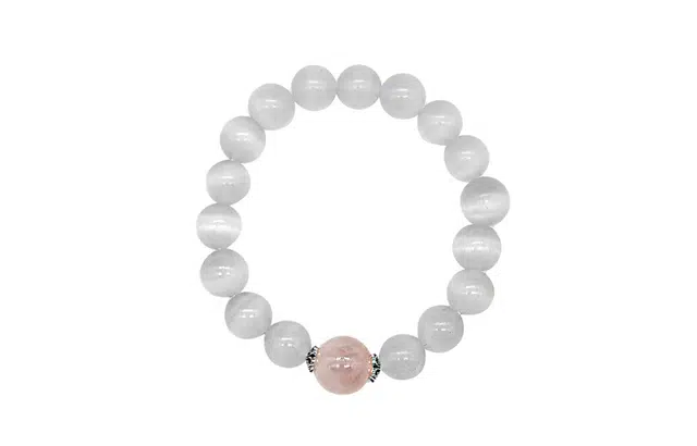 周百福 粉水晶 简约古风冰山恋人水晶  和田玉 手链 女款 青白玉