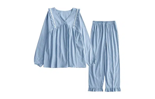 橡柠派 简约休闲纯色长袖长裤睡衣学生春秋款宽松舒适家居服套装可外穿 女款 蓝色