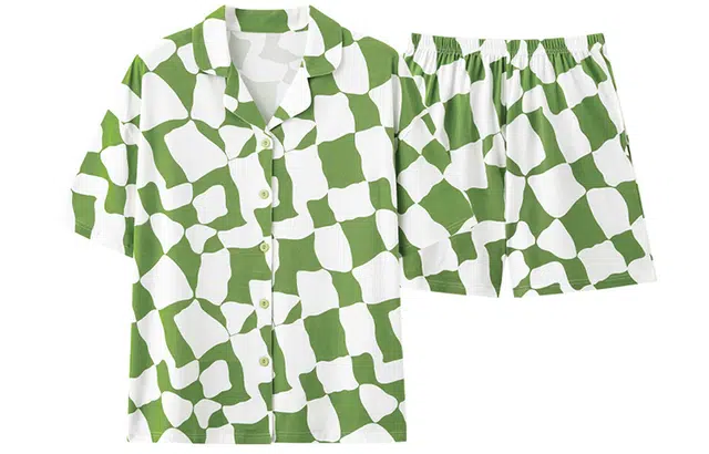 怡吾色 夏季不规则清新格纹家居服套装 简约可外穿睡衣 女款 白绿  送妈妈