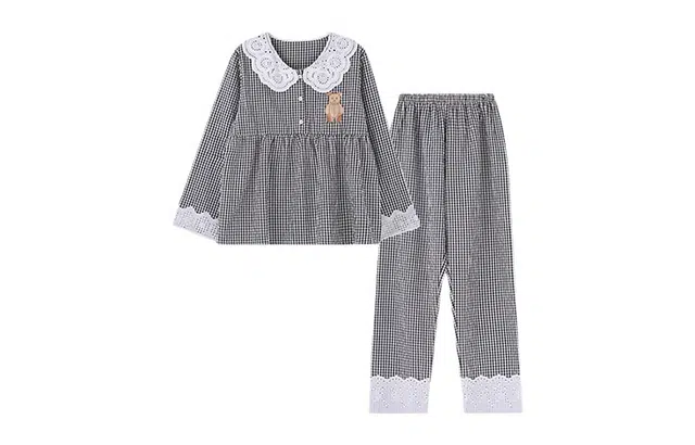 橡柠派 格子蕾丝娃娃领绣花小熊睡衣可爱舒适家居服套装春秋季少女韩版休闲学生家居服可外穿 家居套装 女款 黑色