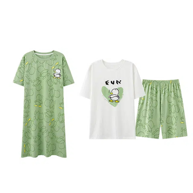 怡吾色 清新情侣款家居服 甜美卡通吊带睡裙女 短袖短裤睡衣套装 男女同款 绿色
