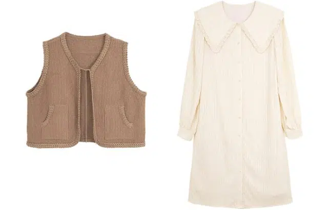 小镇姗姗 木耳边大翻领民族风系带小马甲连衣裙套装 女款