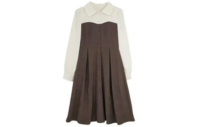 小镇姗姗 翻领拼接单排扣套头长袖连衣裙