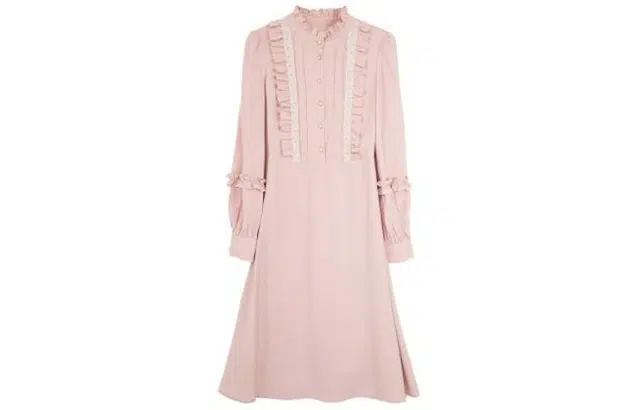 小镇姗姗 木耳边蕾丝高腰套头长袖连衣裙 蜜糖粉